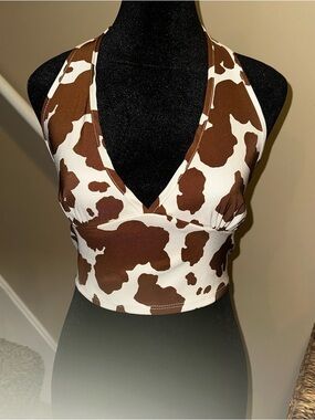 UEC Altar'd State Brown and Cream Cow Print Halter Crop Top Sz L
